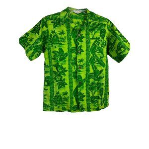 Vintage green aloha shirt village hut hibiscus Tiki mask